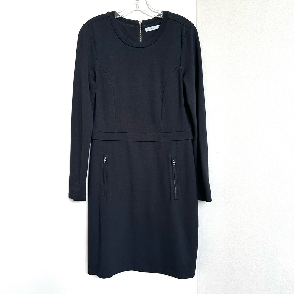 Athleta Ponte Stretch Knit Long Sleeve Mini Dress Zip Pockets Athletic Black